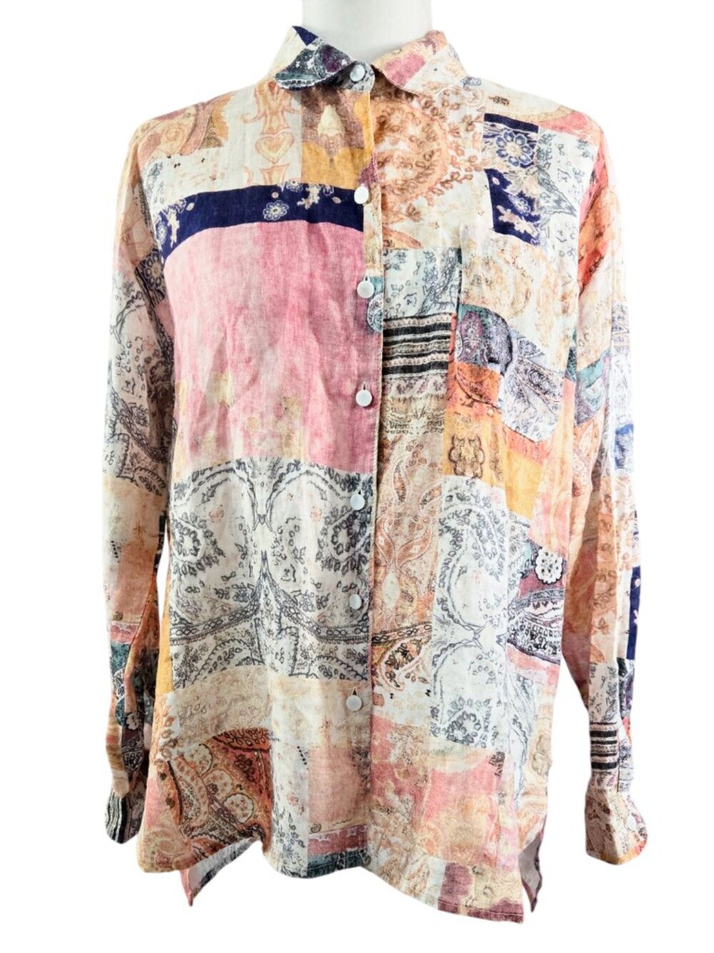 Magaschoni 100% Linen Patchwork Print Button-Up Shirt Boho Art to Wear Lagenlook